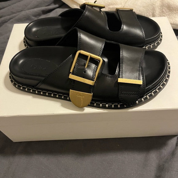 Chloe Shoes - Chloe Black and Gold Sandals with Studded Platform